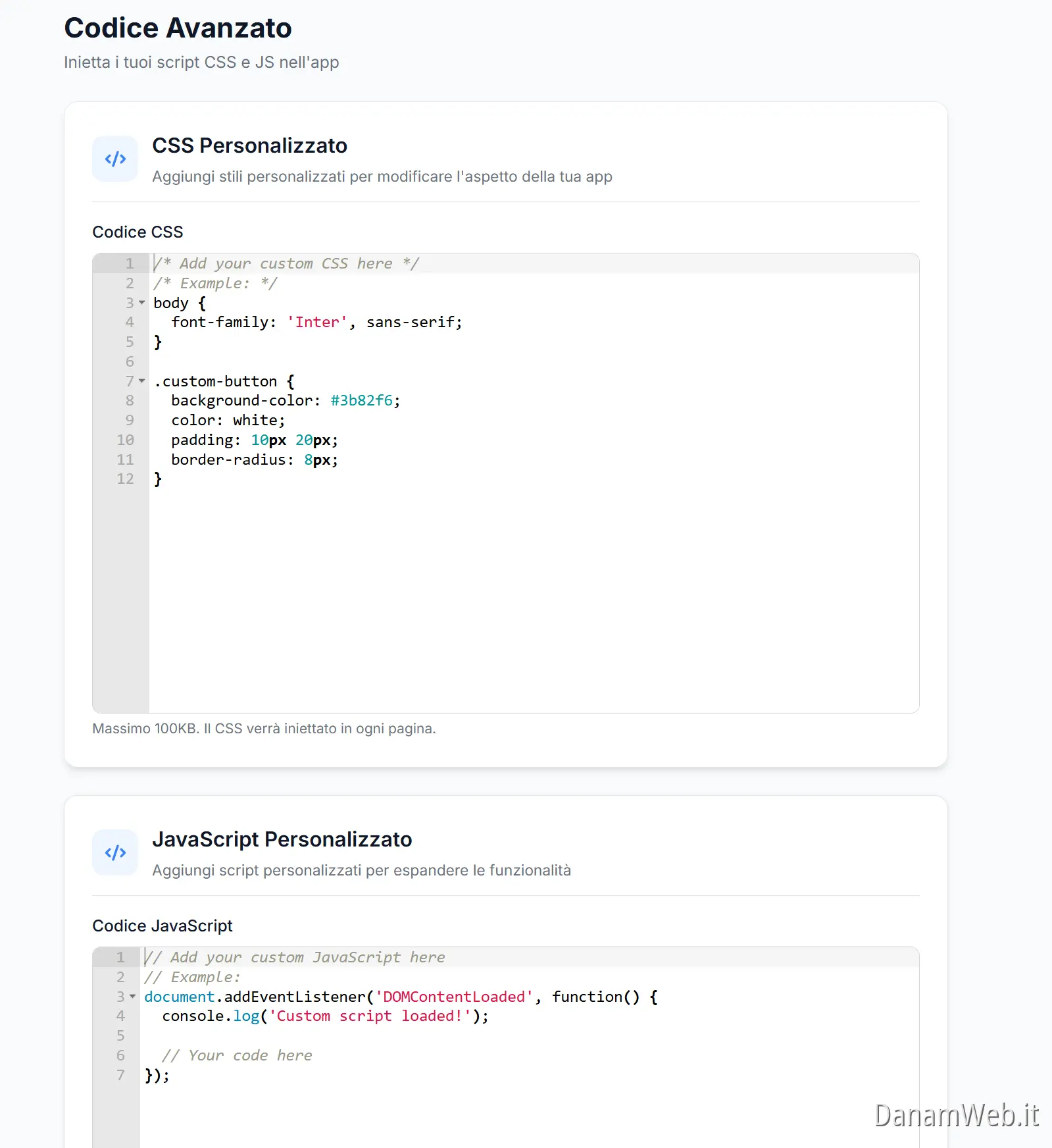 Iniezione codice personalizzato app