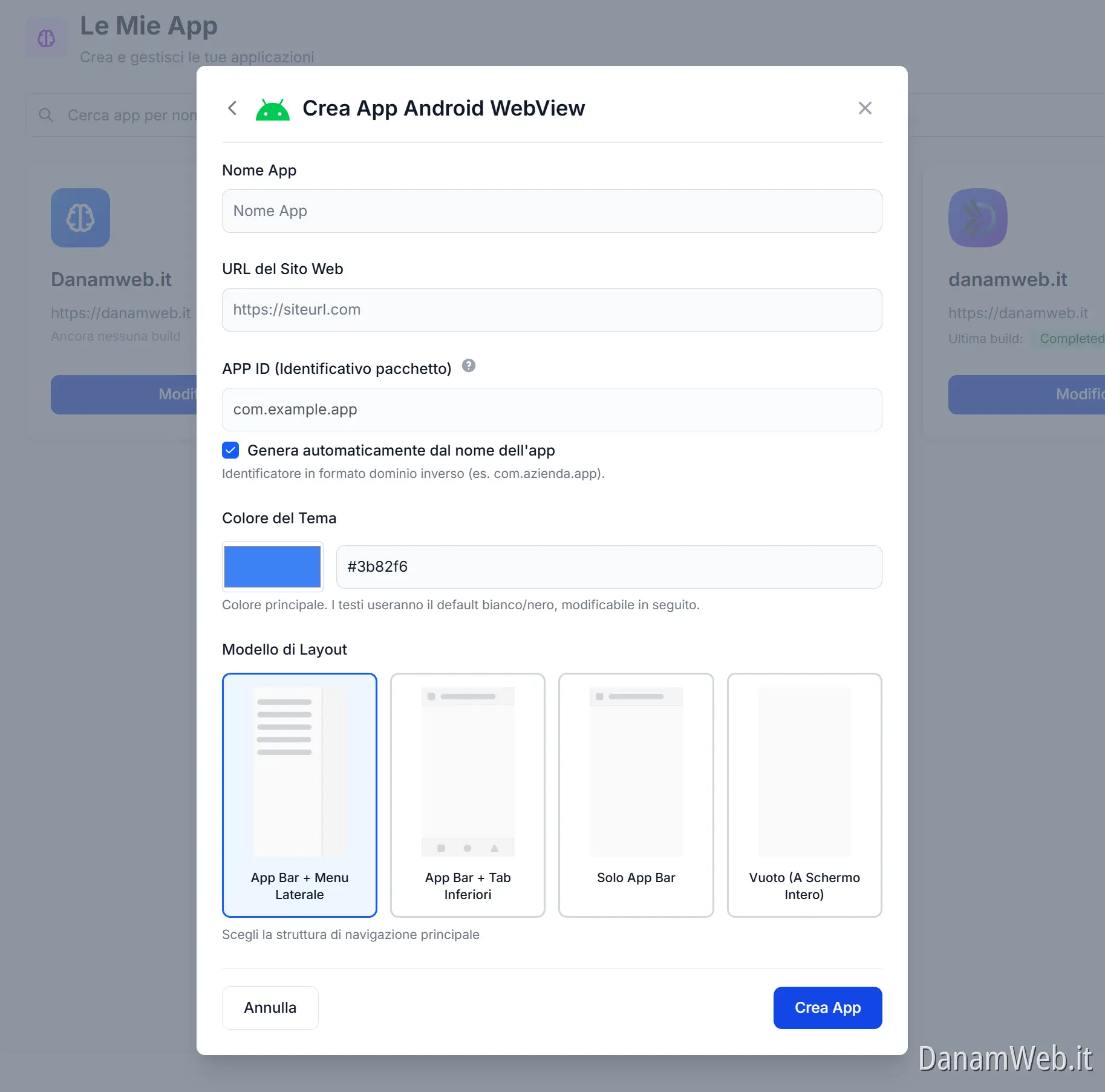Tutorial creazione nuova app su AppDanamweb
