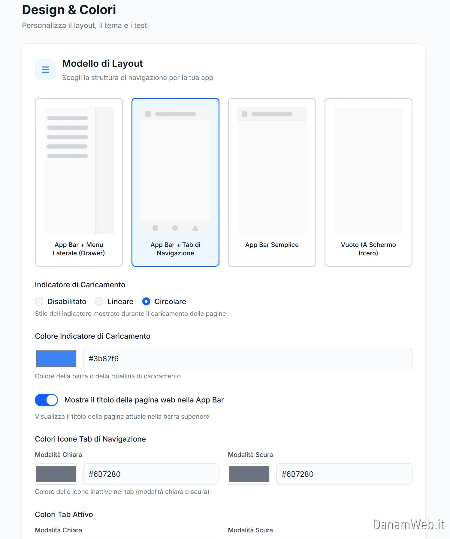 Configurazione colori e design app