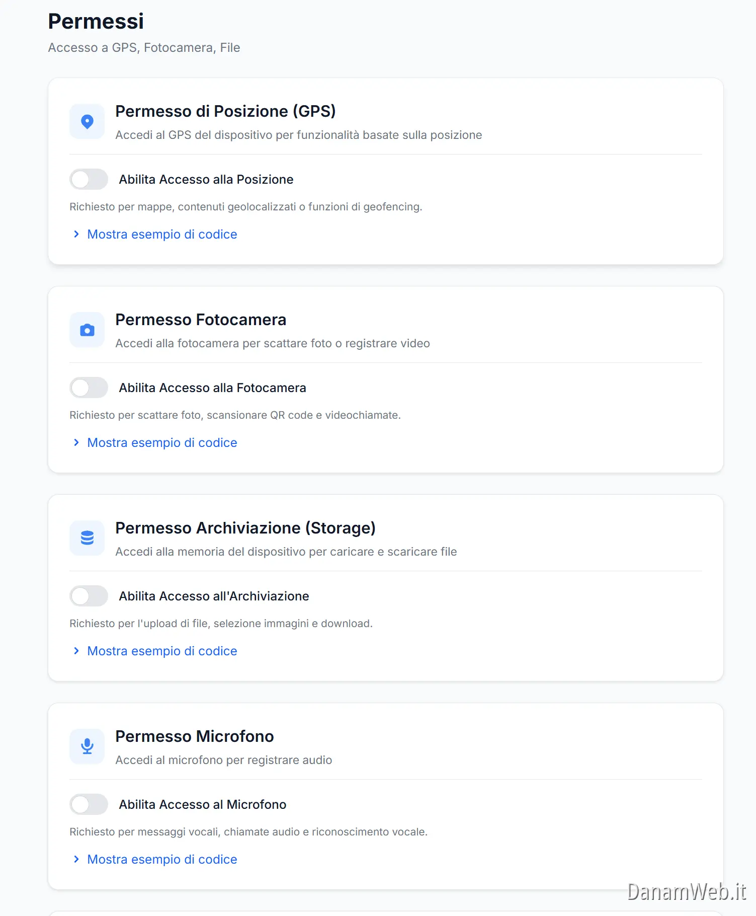 Gestione permessi fotocamera e gps app